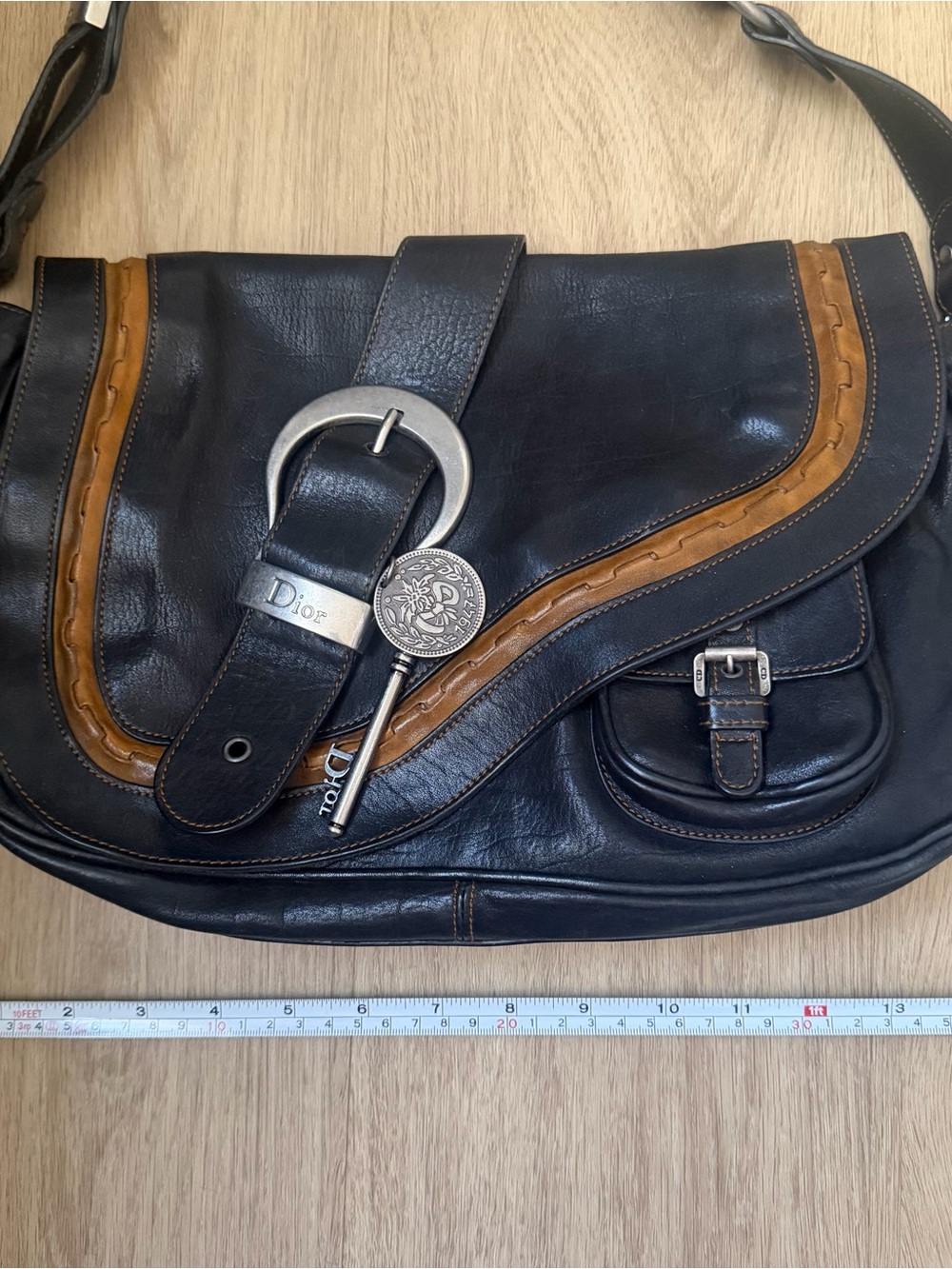 Vintage Christian Dior Black Gaucho Double Saddle Bag wi/ Silver Buckles + Coin - Picture 3 of 16